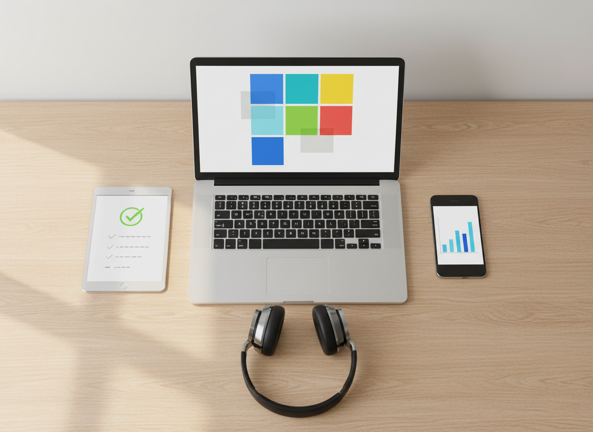 A clean, modern flat lay of a neatly arranged online shopping workspace on a light oak desk, emphasizing informed purchasing. At the center, an open laptop screen displays a generic product comparison grid with colorful placeholder shapes instead of text or logos. Surrounding it, a tablet with a stylized checklist, a smartphone showing a simple bar-chart style rating, and a pair of sleek over-ear headphones rest on the surface. Soft, diffused daylight from an unseen window to the left creates gentle reflections on the metal and glass surfaces. The mood is professional and organized. Photographic realism, shot from a true bird’s-eye view with sharp focus throughout, minimalist background, and ample negative space for clean composition.