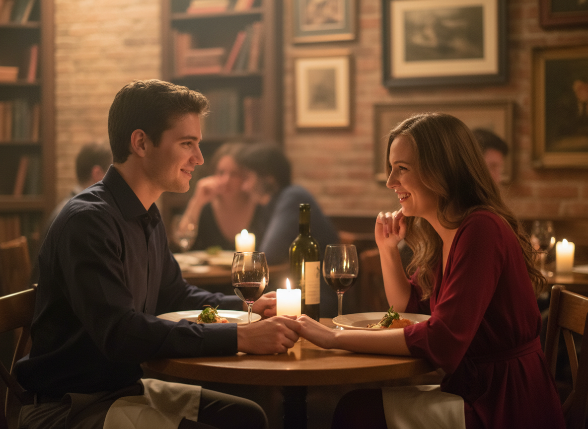 A romantic couple on a date at a cozy restaurant, soft candlelight, warm and inviting atmosphere, professional photography style