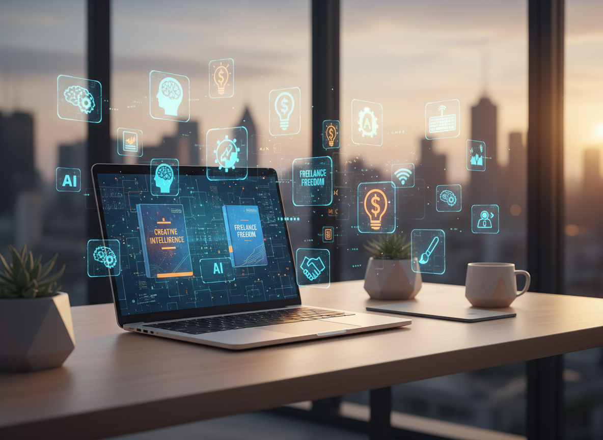 A sleek, modern workspace scene showing a glowing digital tablet or laptop displaying AI-themed visuals and digital book covers, surrounded by floating holographic icons representing creativity and freelancing. Warm professional lighting, clean minimal aesthetic, tech-forward feel.