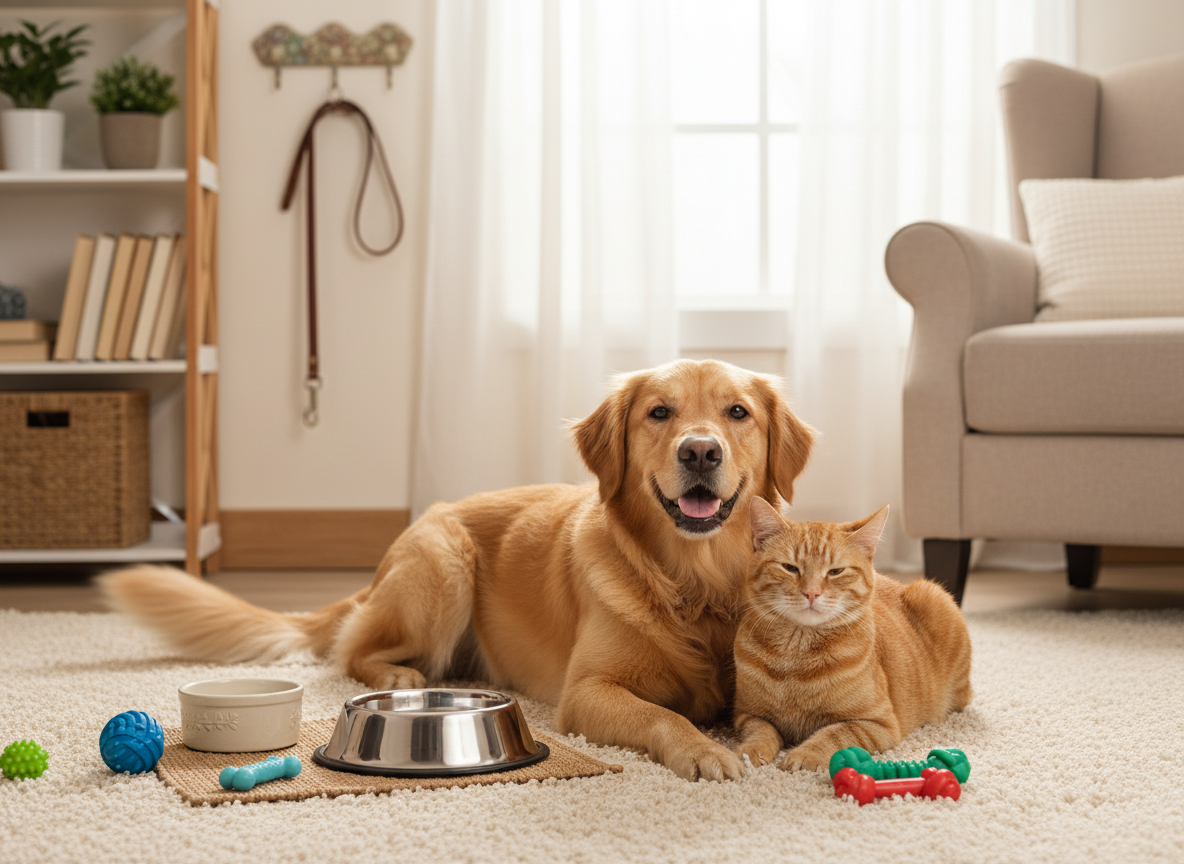 A warm, professional photo of a happy dog and cat together, with pet care items like a food bowl, toys, and a leash nearby. Bright, inviting, and heartwarming atmosphere.